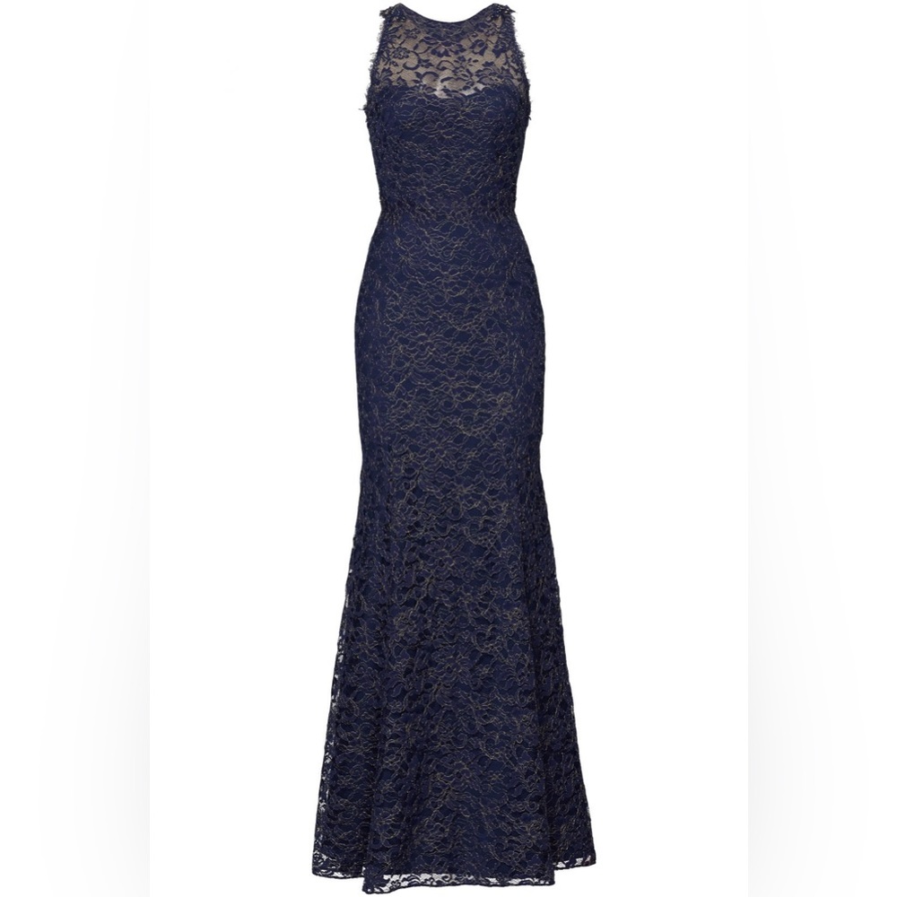Worn once. Freshly dry cleaned. Beautiful Marchesa Notte, Navy Gold Dress. Sz 8